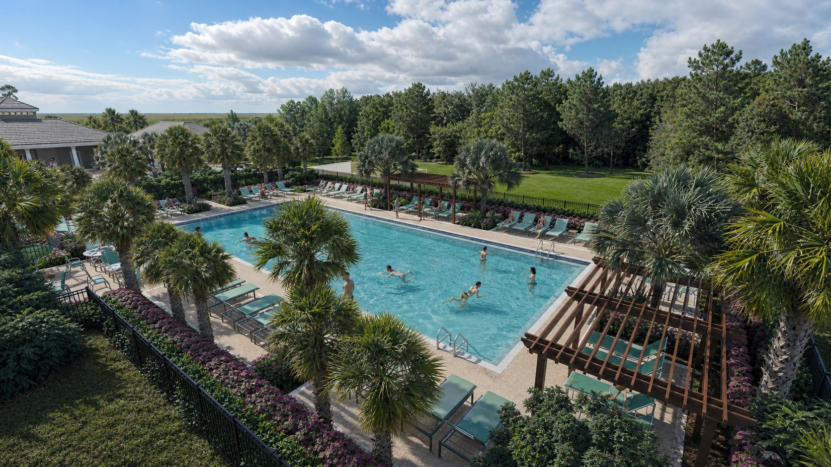 Florida community pool and clubhouse rendering