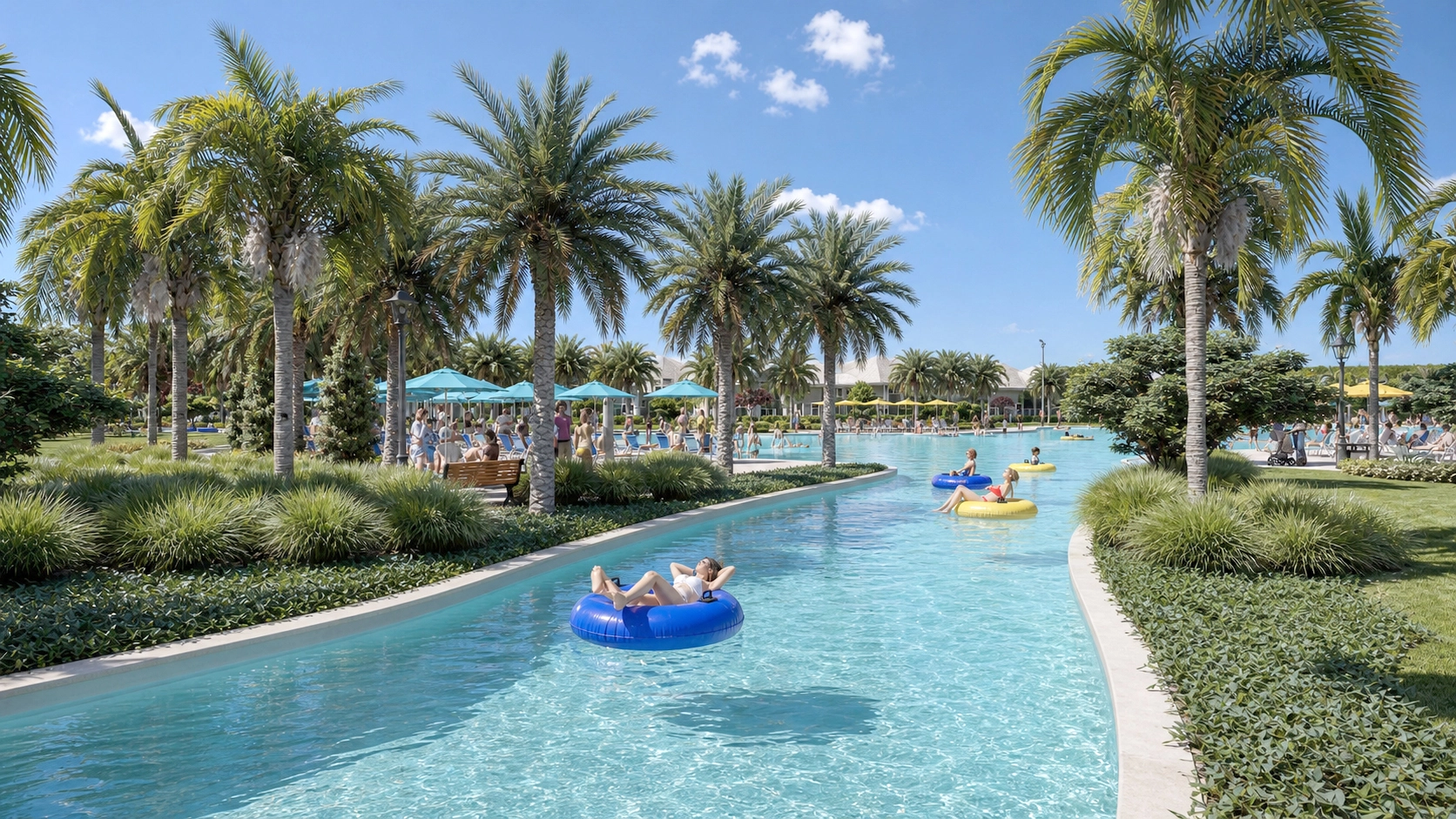 Commercial aquatic center rendering with resort amenities